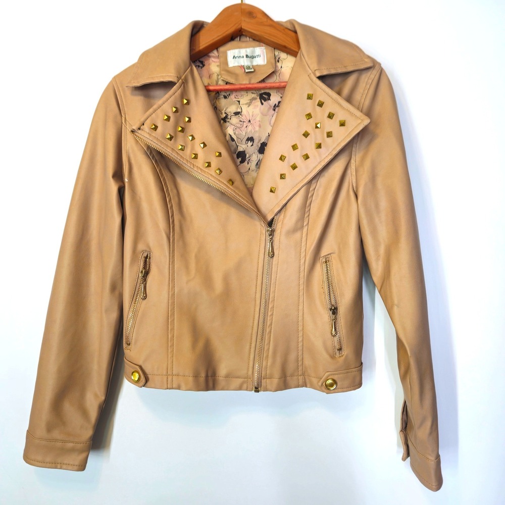 Anna Bugatti‎ Tan Faux Leather Studded Moto Biker Jacket Women Large Floral *see